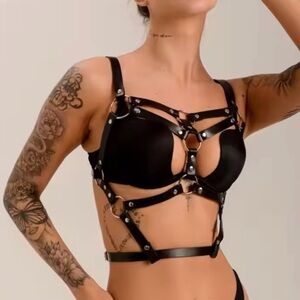 Black Strappy Studded Leather Harness Bra